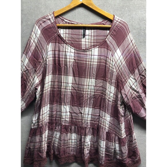 Massini Tops - Massini Top Size 2X Plaid Burgundy White Peplum Cottage V Neck